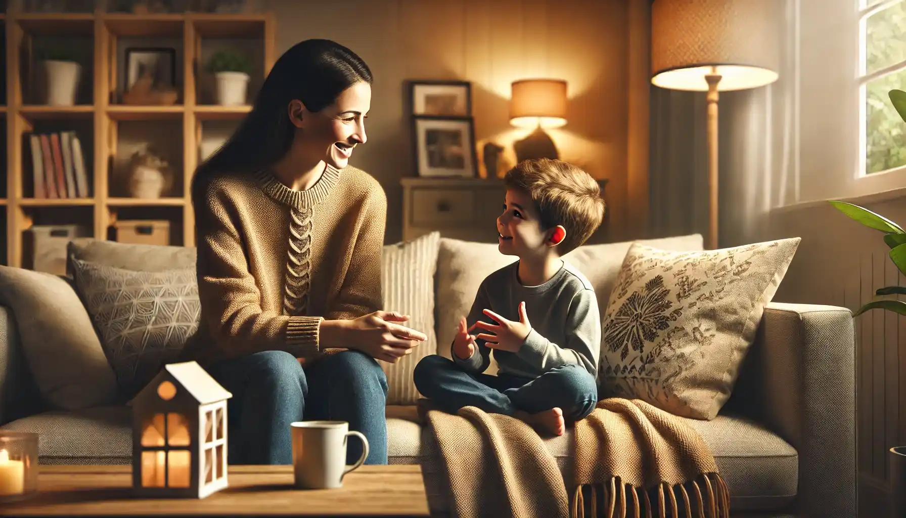 A picture of a parent and child sitting together on a cozy couch, warmly engaged in a heartfelt conversation, surrounded by soft lighting, plush pillows, and a comforting home atmosphere.